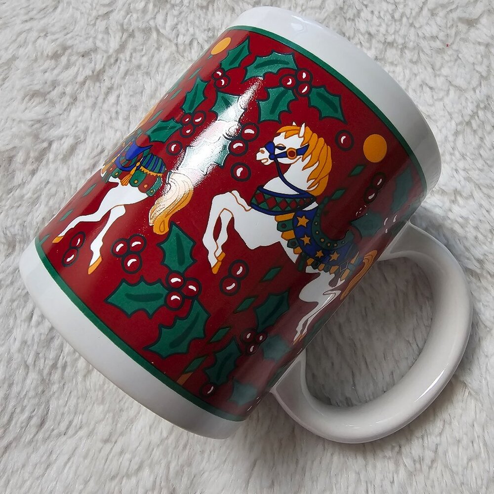 Vintage Signature Riviera Van Beers Stoneware Christmas Carousel Horses Mug